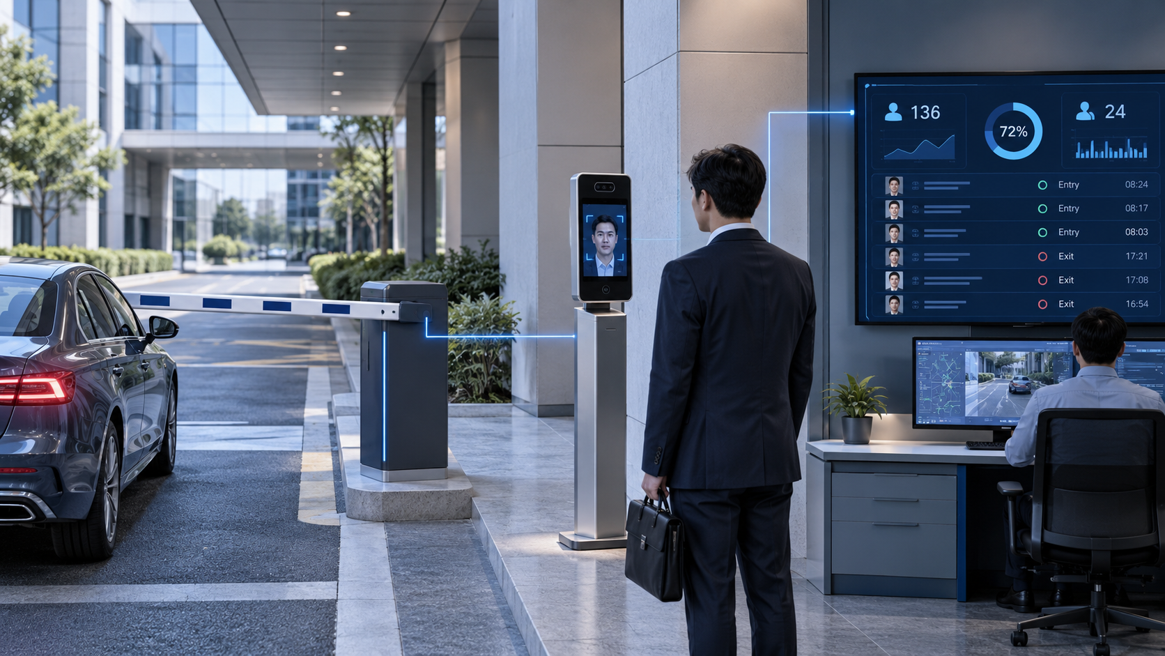 Ilustrasi konsep barrier gate dan terminal pemindai wajah yang terhubung ke workstation monitoring dashboard.